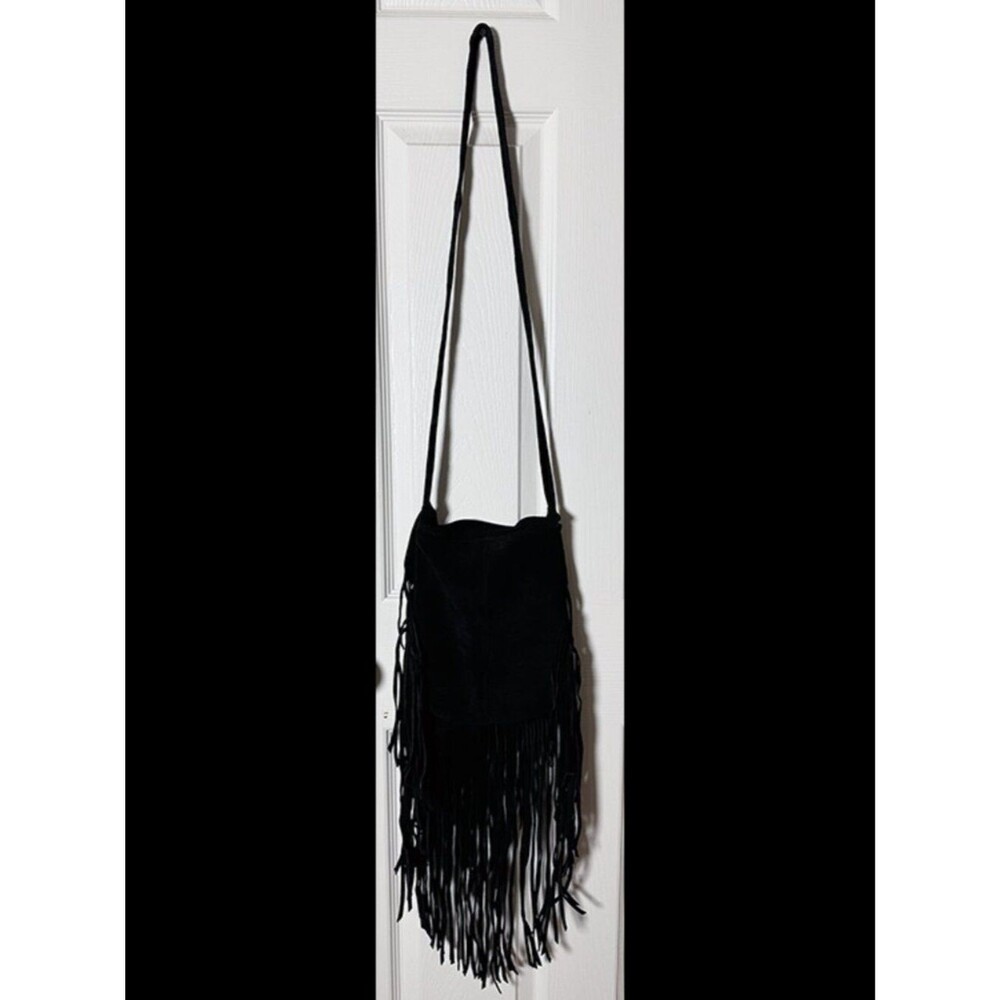 NWT Elegant Black Suede Leather Fringe Purse Bag Bohemian Boho Fair Trade India - Picture 2 of 13